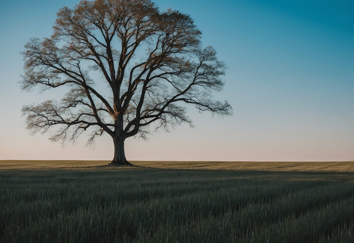 Ein einsamer Baum steht hoch und verwurzelt in einem weiten, offenen Feld unter einem klaren, blauen Himmel.