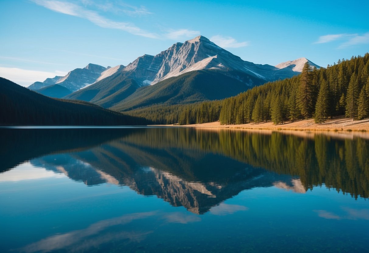 Eine ruhige Berglandschaft mit klarem blauen Himmel, der sich in einem ruhigen See spiegelt.