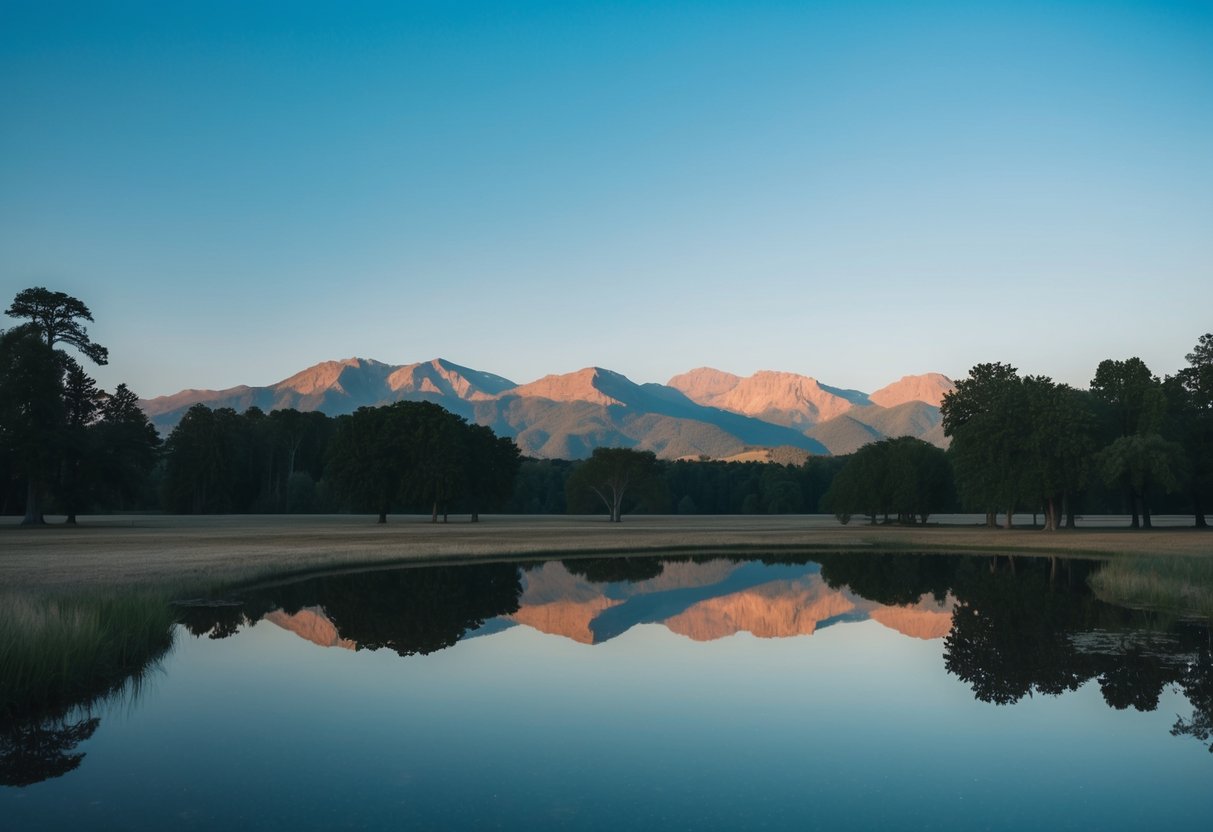 Ein ruhiger, offener Raum mit einem klaren blauen Himmel und einem ruhigen Teich, der die umliegenden Bäume und Berge widerspiegelt.