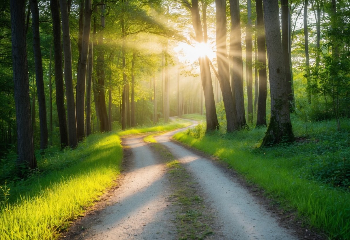 Ein klarer Weg durch einen ruhigen Wald, mit Sonnenlicht, das durch die Bäume auf einen gewundenen Pfad scheint.