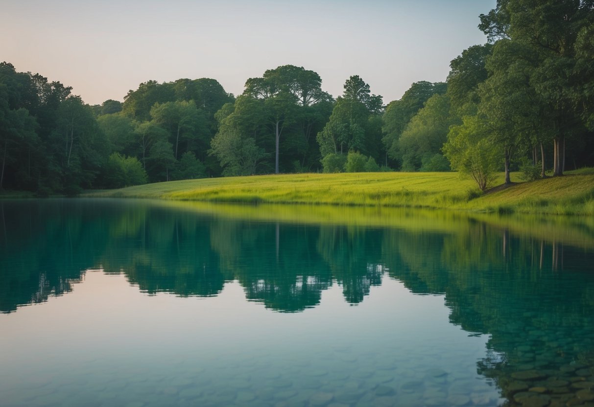 Eine ruhige, friedliche Landschaft mit einem klaren, stillen Gewässer, das die umgebende Natur widerspiegelt und ein Gefühl von innerem Frieden und geistiger Klarheit hervorruft.