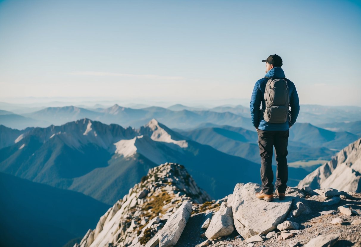 Eine Person, die auf einem Berggipfel steht und auf eine klare, weite Aussicht auf die umliegende Landschaft schaut.