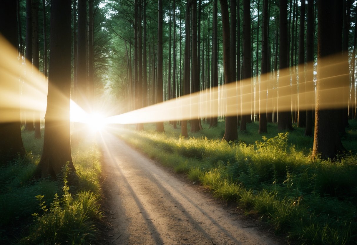 Ein klares, strahlendes Licht erleuchtet einen Weg durch einen dichten Wald und inspiriert und leitet andere.