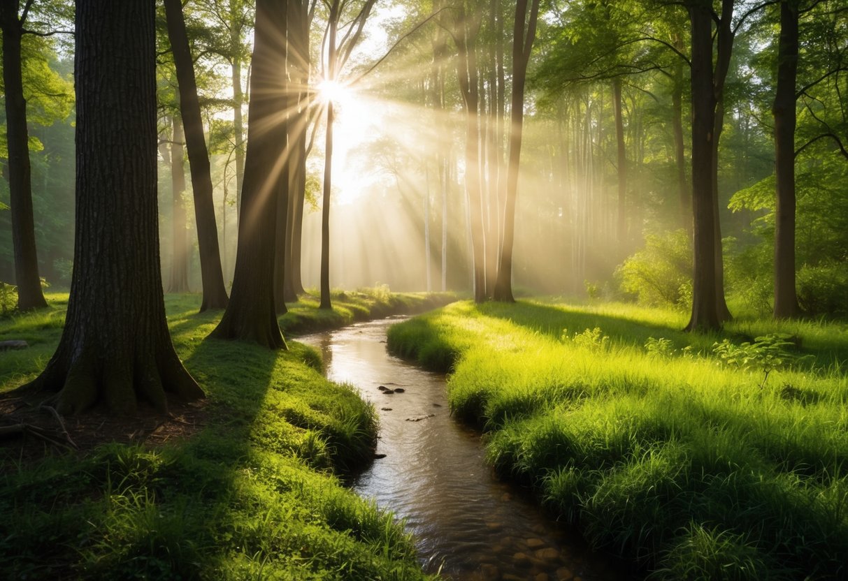 Eine ruhige Waldlichtung mit Sonnenlicht, das durch die Bäume strömt, einen friedlichen Bach erleuchtet und eine stille, friedliche Atmosphäre schafft.