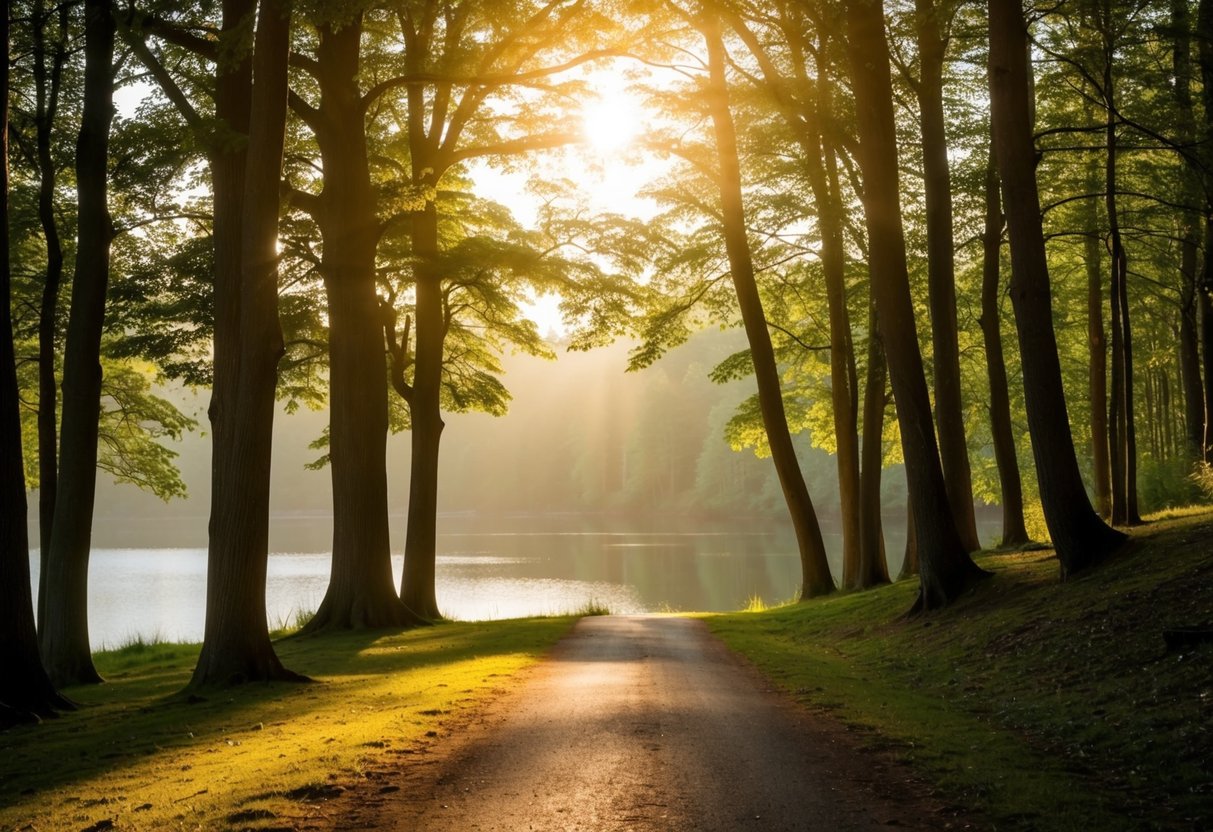 Ein ruhiger Wald, in dem das Sonnenlicht durch die Bäume filtert und einen warmen Schein auf einen Weg wirft, der zu einem friedlichen See führt.