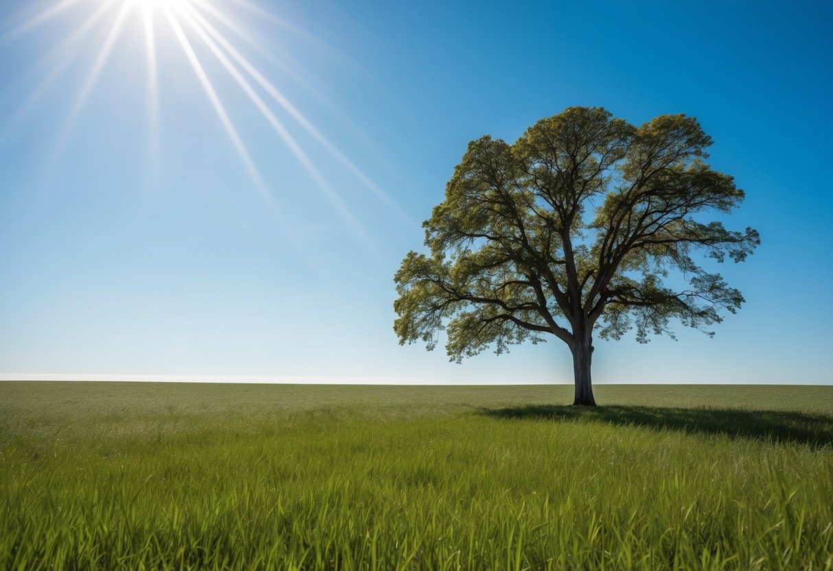 Ein ruhiges, offenes Feld unter einem klaren blauen Himmel. Ein einzelner Baum steht hoch, seine Äste strecken sich nach außen. Sonnenstrahlen erleuchten die Szene und schaffen ein Gefühl von Ruhe und Klarheit.