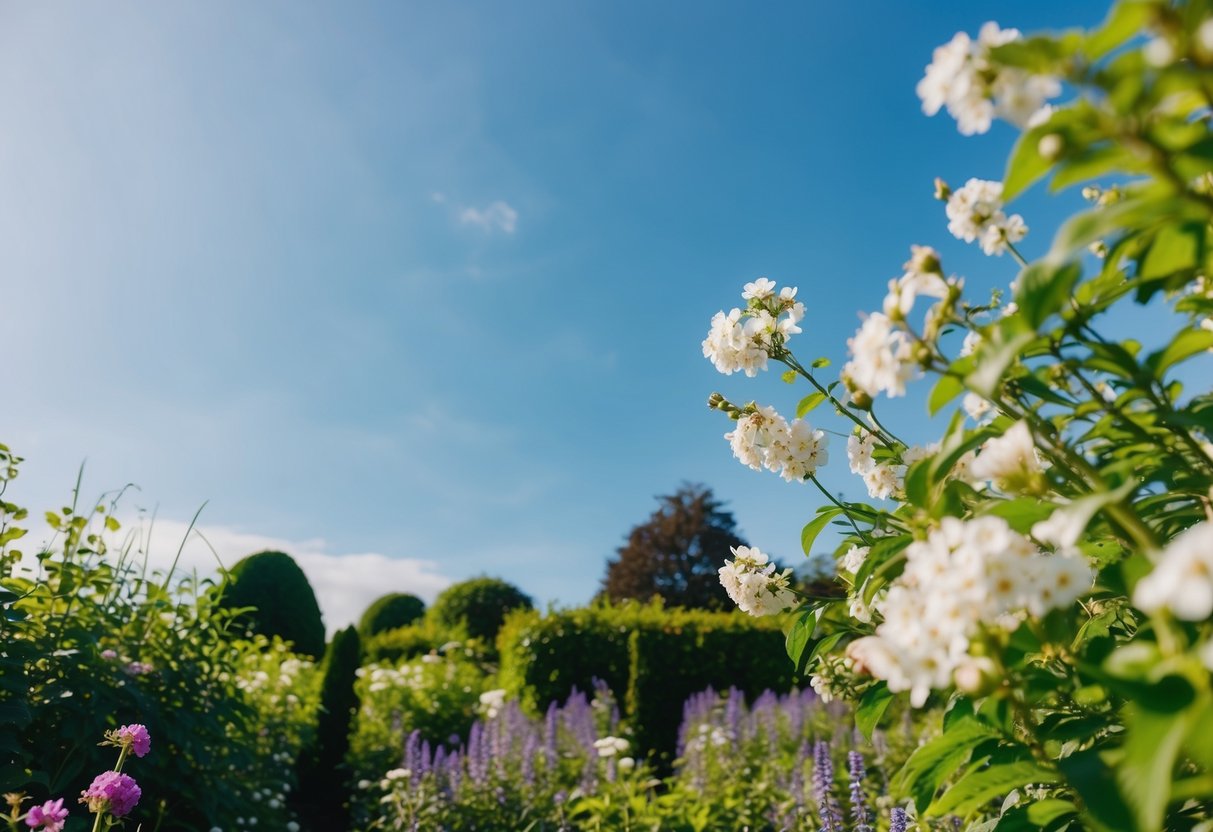 Ein ruhiger Garten mit blühenden Blumen und einem klaren blauen Himmel, umgeben von üppigem Grün und einer sanften Brise, die Gefühle von Frieden und Positivität hervorrufen.