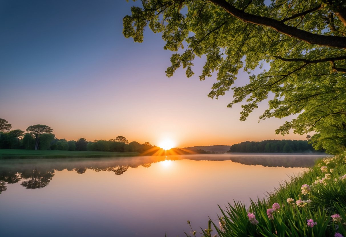 Eine friedliche Landschaft mit einem lebhaften Sonnenaufgang, der sich in einem ruhigen Gewässer spiegelt, umgeben von üppigem Grün und blühenden Blumen.