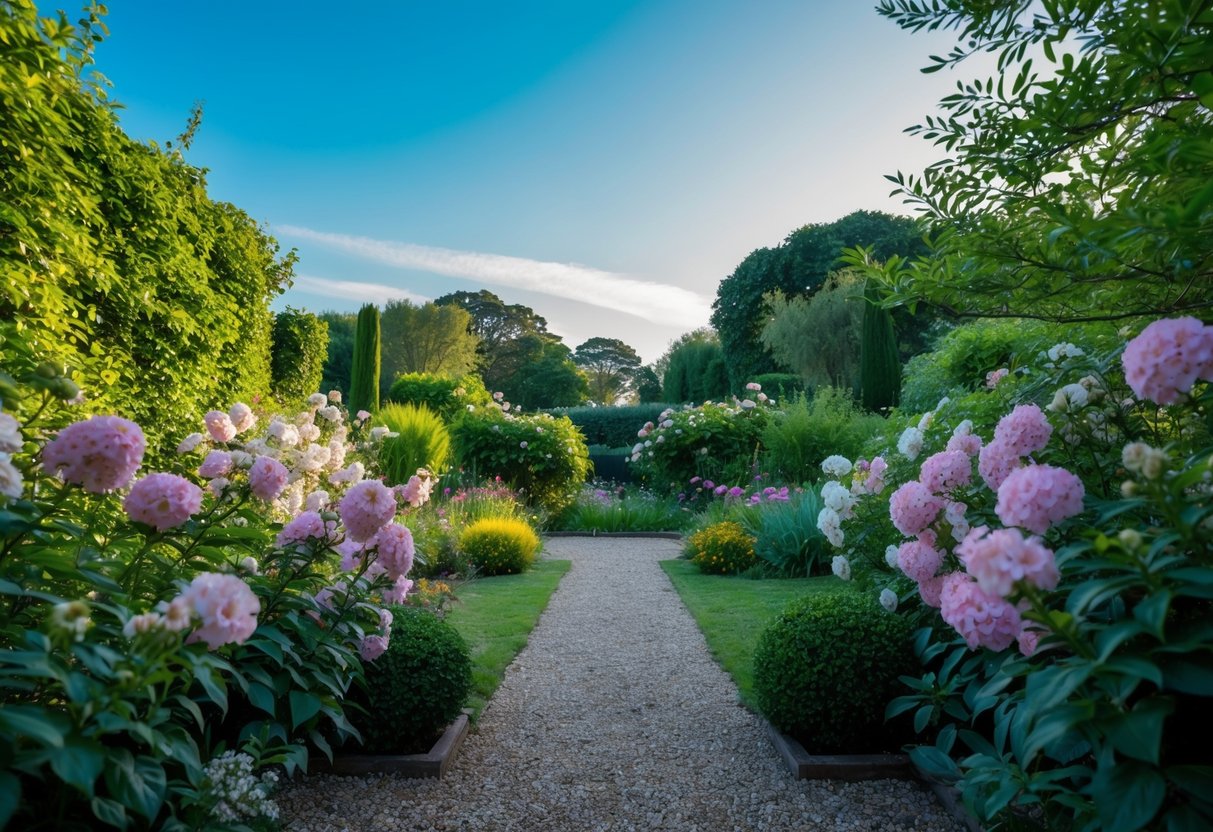 Ein ruhiger Garten mit blühenden Blumen und einem klaren blauen Himmel, umgeben von üppigem Grün und einer sanften Brise