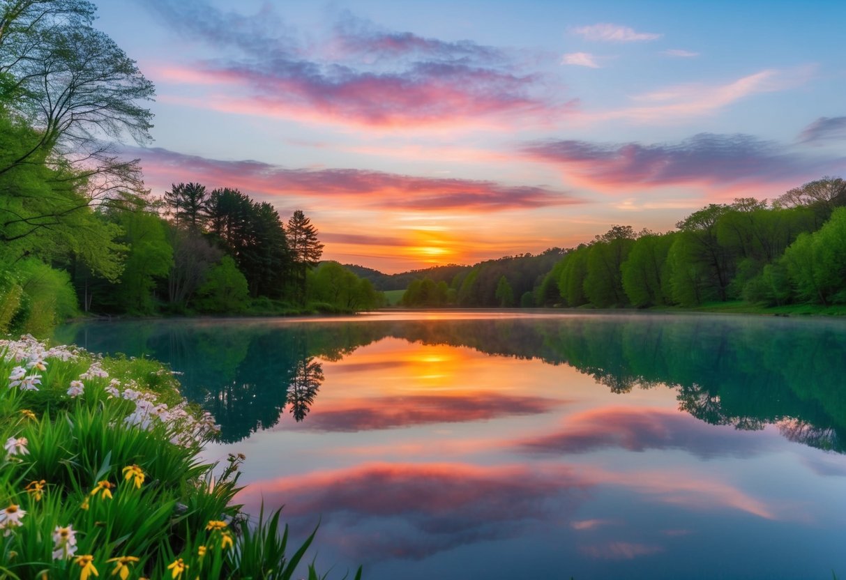 Eine ruhige Landschaft mit einem lebhaften Sonnenuntergang, der sich auf einem ruhigen See widerspiegelt, umgeben von üppigem Grün und blühenden Blumen.