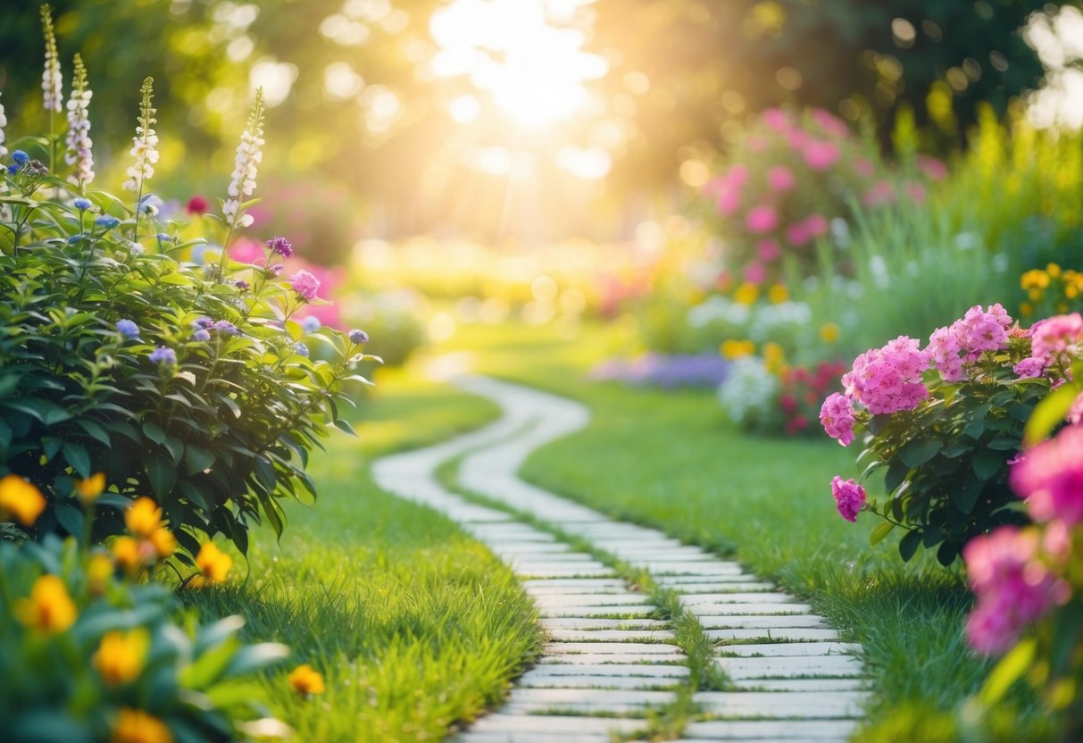 Ein ruhiger Garten mit blühenden Blumen und einem gewundenen Pfad, der zu einer friedlichen, sonnendurchfluteten Lichtung führt.