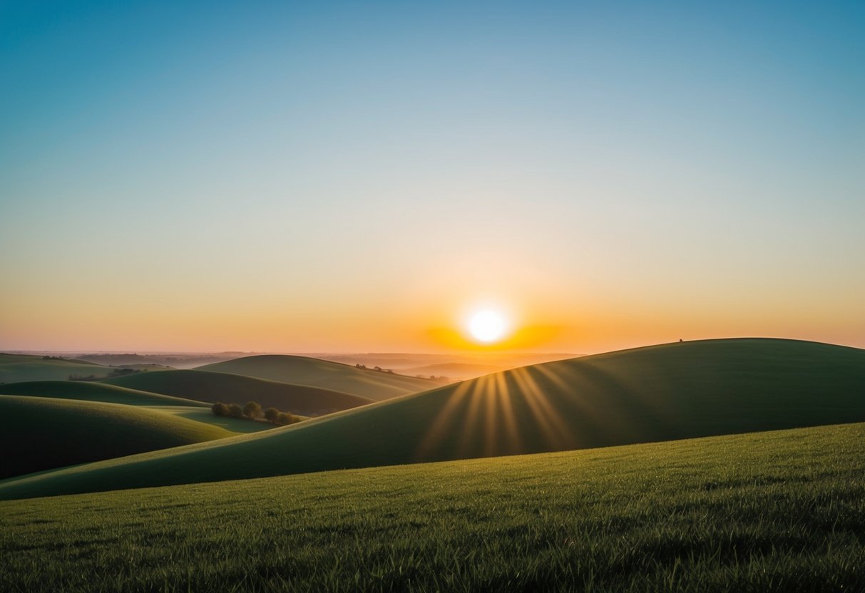 Ein Sonnenaufgang über einer ruhigen Landschaft, mit sanften Hügeln und einem klaren blauen Himmel, symbolisiert neue Möglichkeiten und positive Gedanken.