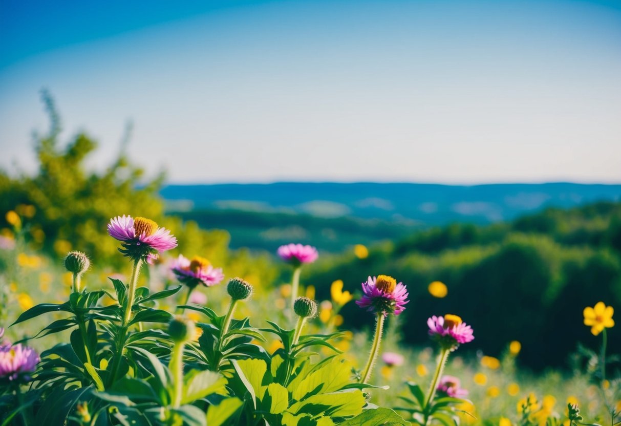 Eine friedliche Landschaft mit klarem blauen Himmel, lebendiger grüner Vegetation und bunten blühenden Blumen, die ein Gefühl von Offenheit und Positivität hervorrufen.