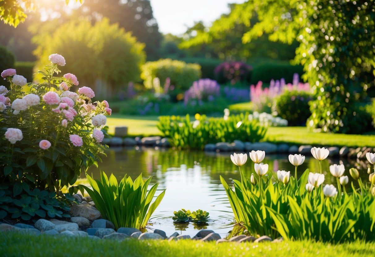 Ein ruhiger Garten mit blühenden Blumen und einem friedlichen Teich, umgeben von üppigem Grün und in warmes Sonnenlicht getaucht.