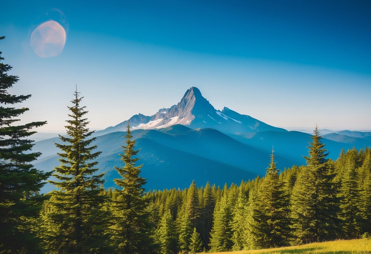 Eine ruhige Berglandschaft mit klarem blauen Himmel und lebhaften grünen Bäumen, die ein Gefühl von Frieden und Positivität ausstrahlt.