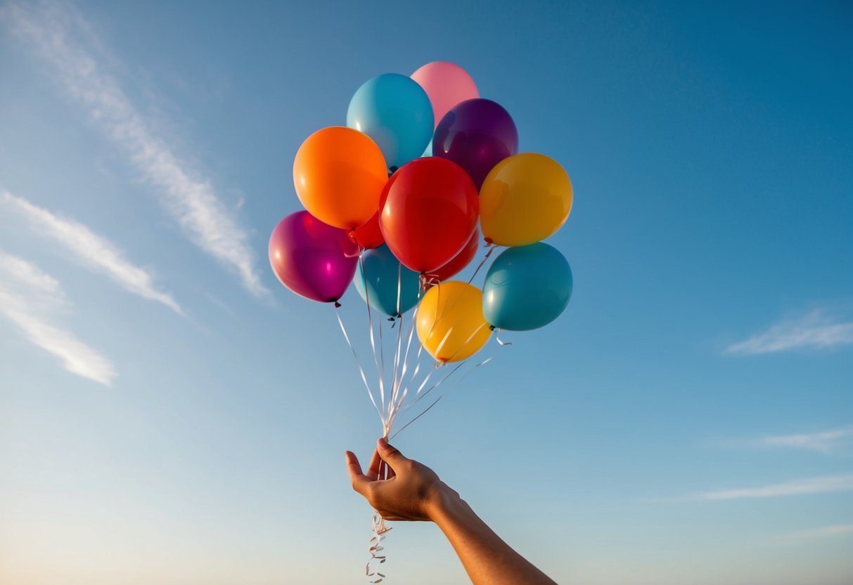 Eine Hand, die einen Schwarm bunter Ballons in einen klaren, blauen Himmel entlässt