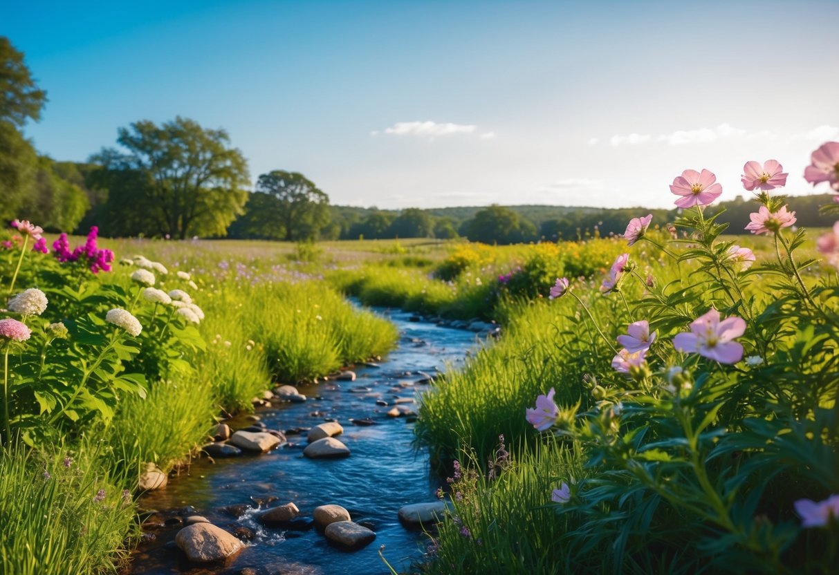 Eine ruhige Naturlandschaft mit lebhaften Blumen, einem klaren blauen Himmel und einem friedlichen Bach, der durch die Szene fließt.