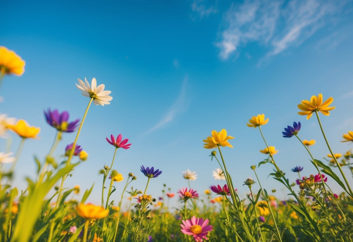 Eine ruhige Naturszene mit bunten Blumen und einem klaren blauen Himmel, die Gefühle von Frieden und Positivität hervorruft.