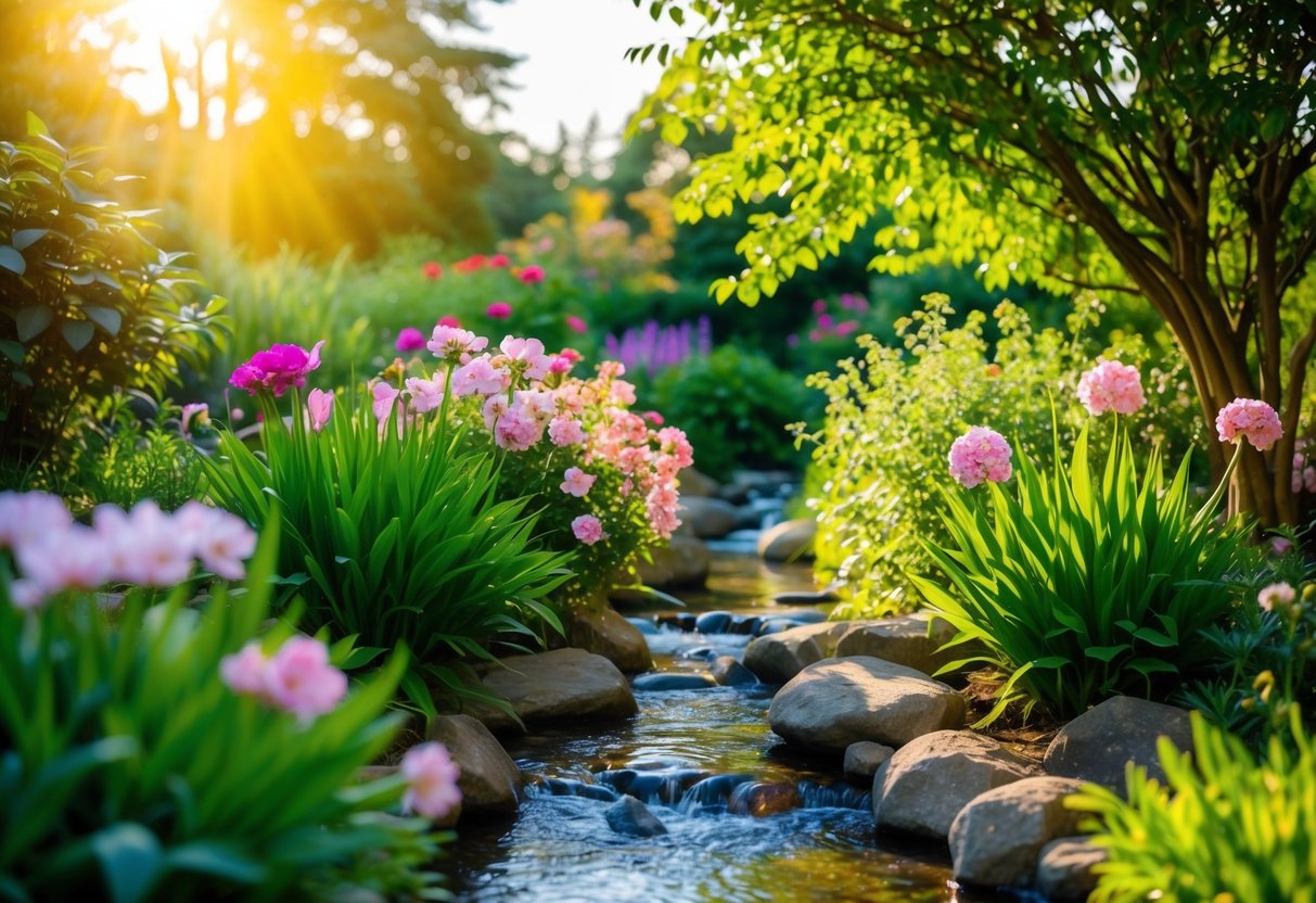 Ein ruhiger Garten mit blühenden Blumen und einem sanften Bach, der hindurchfließt, umgeben von üppigem Grün und in warmes Sonnenlicht getaucht.