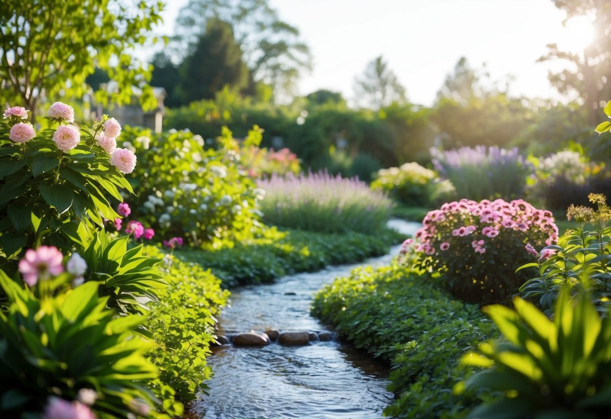 Ein ruhiger Garten mit blühenden Blumen und einem sanften Bach, der hindurchfließt, umgeben von üppigem Grün und in sanftem Sonnenlicht getaucht.