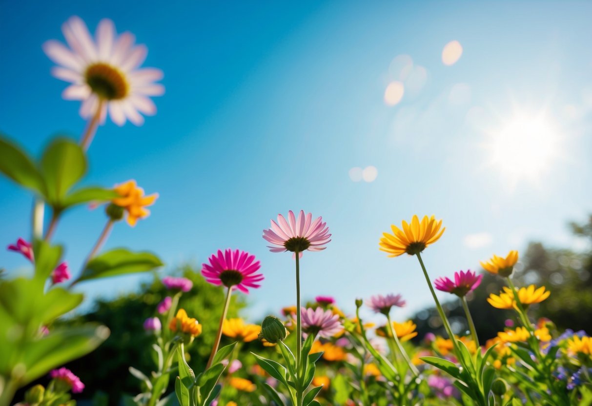 Ein ruhiger Garten mit lebhaften Blumen und einem klaren blauen Himmel, der die Kraft positiver Gedanken auf die Gesundheit symbolisiert.