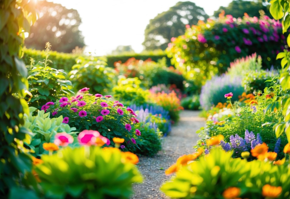 Ein lebendiger, blühender Garten mit bunten Blumen und üppigem Grün, der im warmen Sonnenlicht badet.