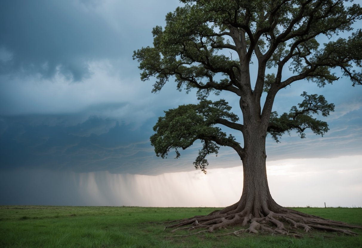 Eine hoch aufragende Eiche steht fest gegen einen Sturm, ihre Wurzeln reichen tief in die Erde.