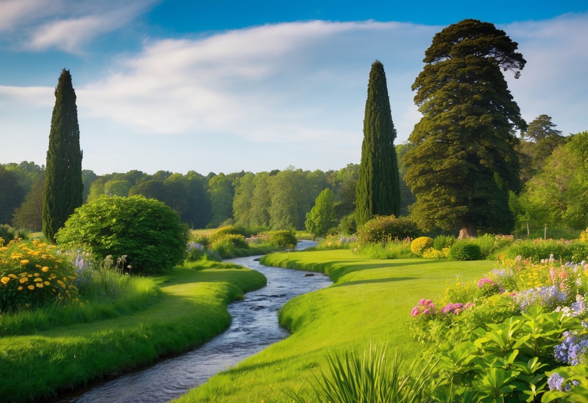 Eine friedliche, ruhige Landschaft mit einem sanften Bach, der durch üppiges Grün fließt, umgeben von bunten Blumen und hohen, majestätischen Bäumen.