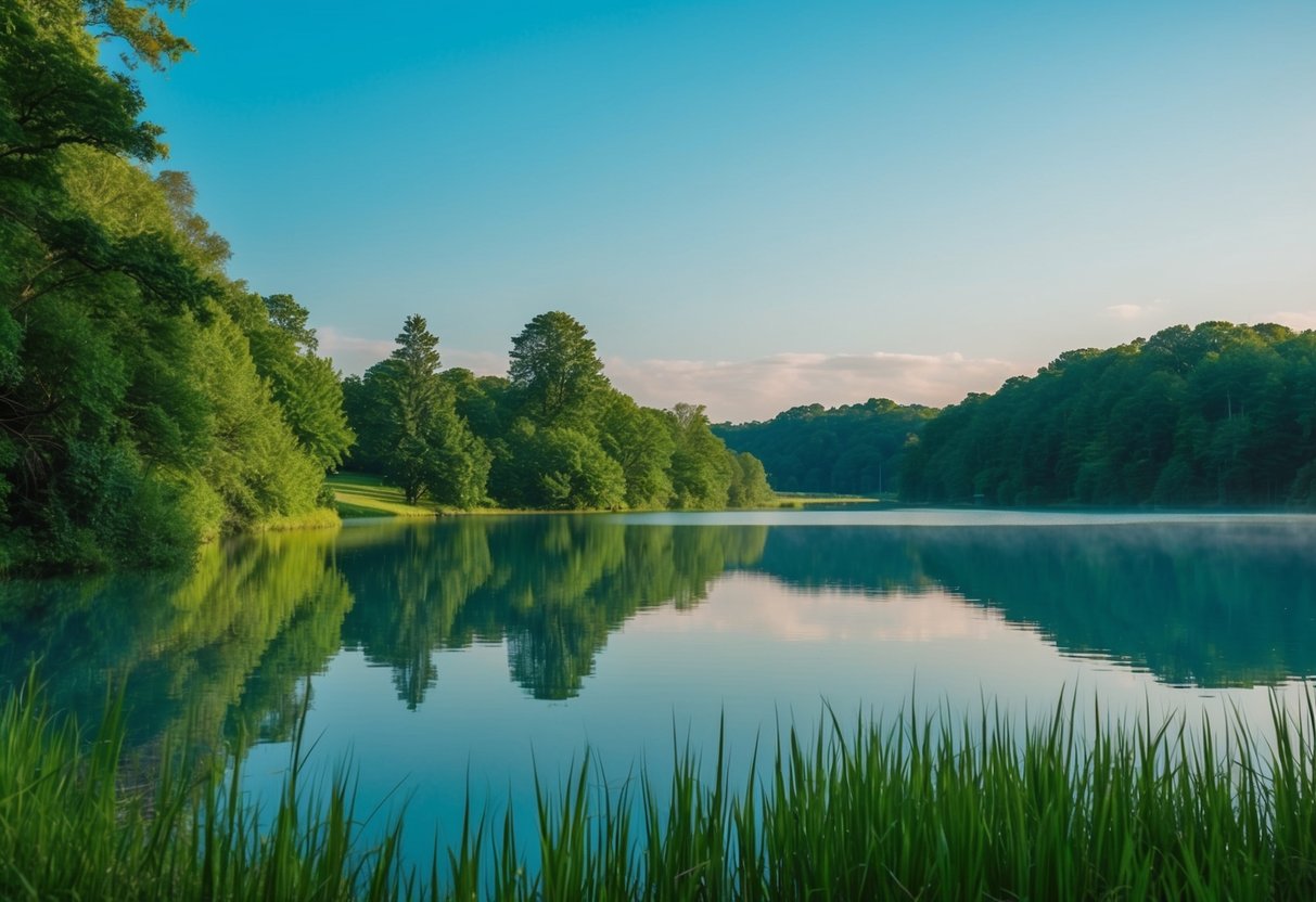 Eine ruhige Landschaft mit einem friedlichen See, umgeben von üppigem Grün und einem klaren blauen Himmel, der ein Gefühl von innerem Frieden und Gleichgewicht hervorruft.