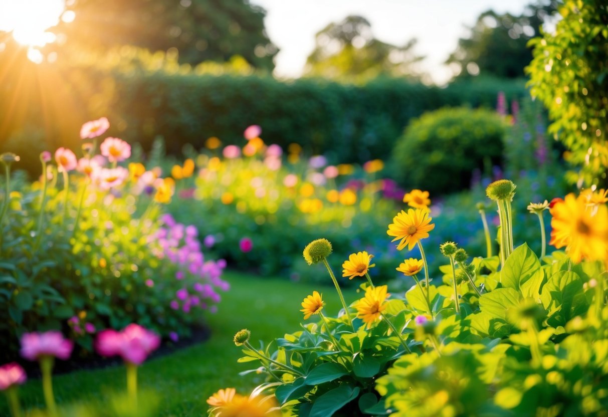 Ein ruhiger Garten mit lebhaften Blumen und üppigem Grün, getaucht in warmes Sonnenlicht, das ein Gefühl von Frieden und heilender Energie hervorruft.