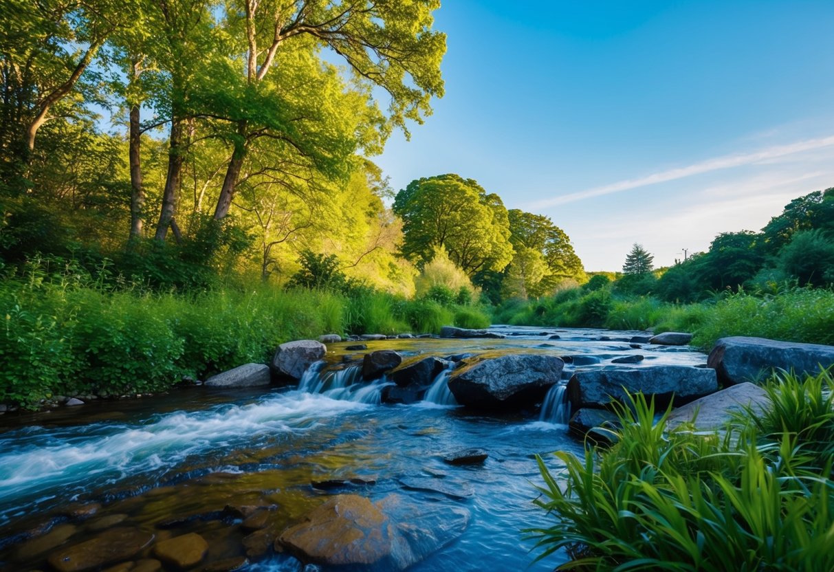 Eine ruhige Naturlandschaft mit klarem blauen Himmel, üppigem Grün und einem fließenden Bach, der ein Gefühl von Frieden und heilender Energie hervorruft.