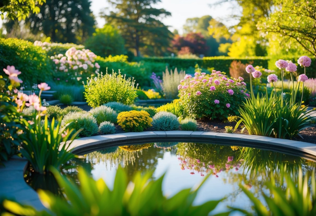 Ein ruhiger Garten mit blühenden Blumen und einem friedlichen Teich, umgeben von üppigem Grün und in warmem Sonnenlicht getaucht.