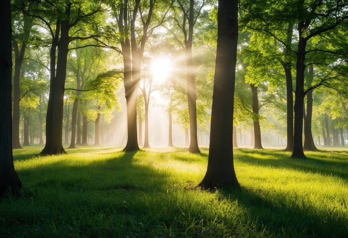 Ein ruhiger Wald, in dem Sonnenlicht durch die Bäume strömt und gefleckten Schatten auf den Boden wirft. Die Luft ist ruhig und still, was ein Gefühl von Frieden und Ruhe schafft.