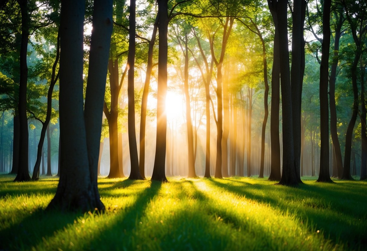 Ein ruhiger Wald, in dem das Sonnenlicht durch die Bäume filtert und einen warmen Schein auf die friedliche Umgebung wirft.