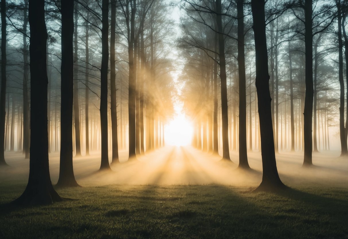 Ein Sonnenaufgang über einem ruhigen, nebligen Wald, mit Lichtstrahlen, die durch die Bäume brechen und neue Möglichkeiten und Hoffnung symbolisieren.