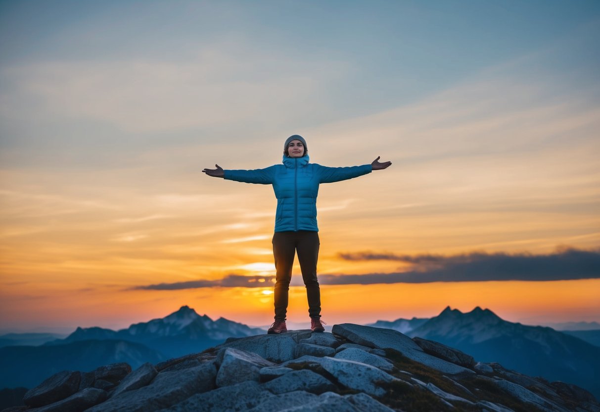 Eine Person, die selbstbewusst auf einem Berggipfel steht, die Arme ausgebreitet, umgeben von einem schönen Sonnenaufgang oder Sonnenuntergang.