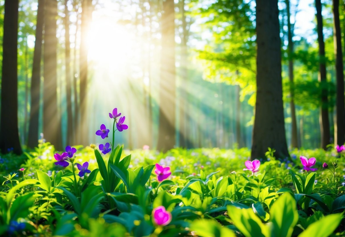 Eine ruhige Lichtung im Wald, durch die die Sonnenstrahlen zwischen den Bäumen strömen und lebendige Blumen sowie üppiges Grün hervorheben. Ein Gefühl von Frieden und Möglichkeiten erfüllt die Luft.