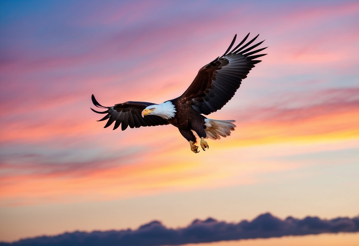 Ein schwebender Adler vor einem lebhaften Sonnenuntergangshimmel, der Stärke und Selbstvertrauen symbolisiert.