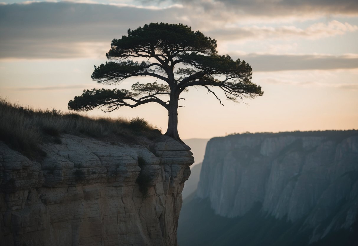 Ein einsamer Baum steht hoch auf einer Klippe, seine Wurzeln fest im Boden verankert, während der Wind durch seine Äste weht.