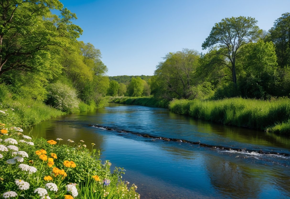 Eine friedliche Landschaft mit einem ruhigen, fließenden Fluss, umgeben von üppigem Grün und lebhaften Blumen, unter einem klaren blauen Himmel.