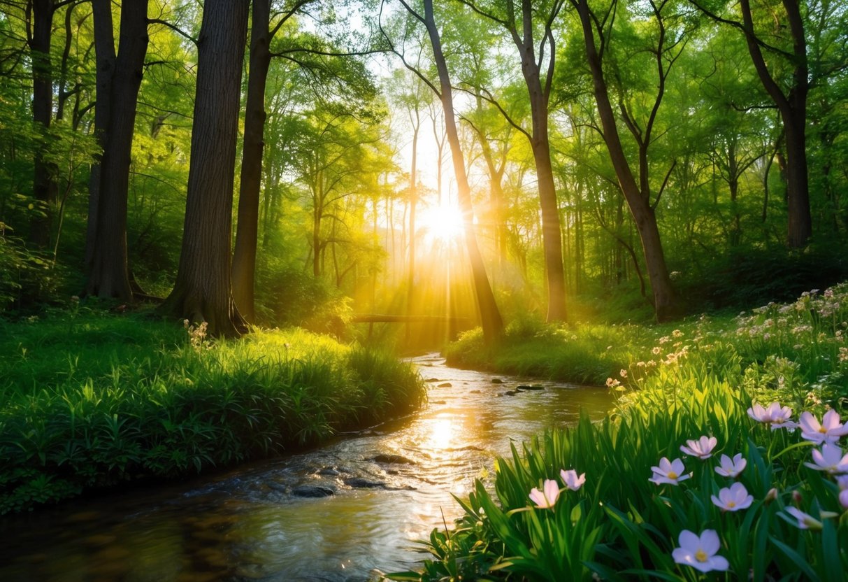 Ein friedlicher Wald, in dem das Sonnenlicht durch die Bäume filtert und einen warmen Glanz auf einen ruhigen Bach wirft, umgeben von üppigem Grün und blühenden Blumen.