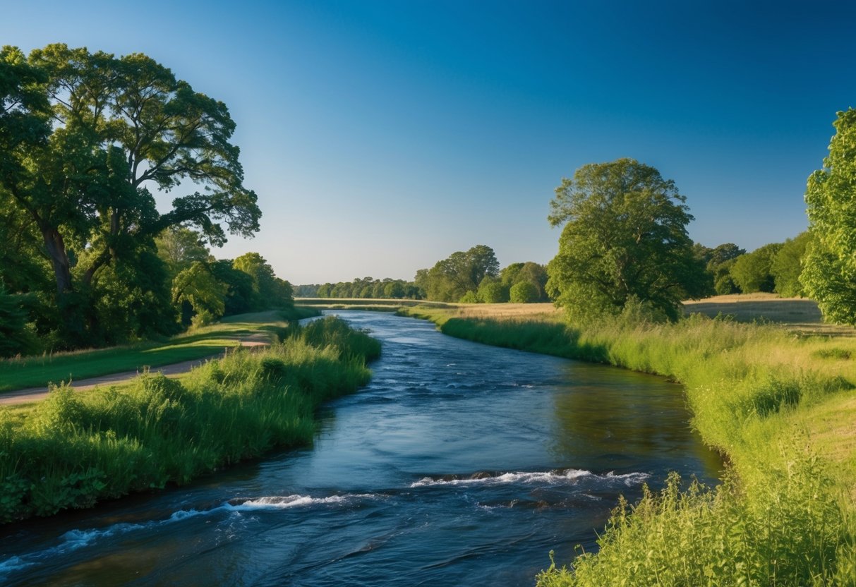 Eine ruhige, friedliche Landschaft mit klarem blauen Himmel, einem fließenden Fluss und üppigem Grün, die ein Gefühl von Vertrauen und Ruhe hervorruft.