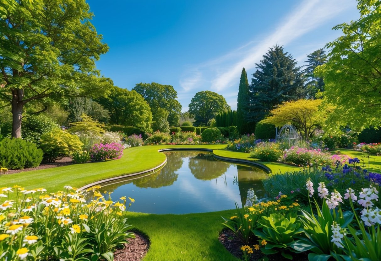 Ein friedlicher Garten mit blühenden Blumen, einem ruhigen Teich und einem klaren blauen Himmel, umgeben von üppigen grünen Bäumen und lebhafter Tierwelt.