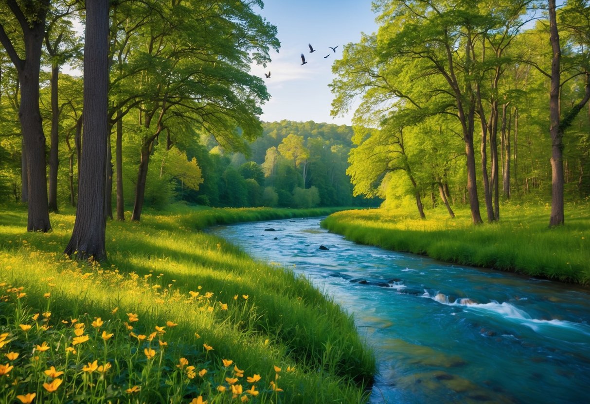 Eine ruhige Landschaft mit einem friedlichen Fluss, der durch einen üppigen, grünen Wald fließt, umgeben von bunten Blumen und Vögeln, die in den Bäumen singen.