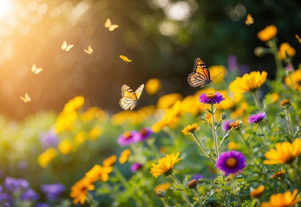 Ein ruhiger Garten mit lebhaften Blumen und Schmetterlingen, die umherflattern, während die warme Sonne einen goldenen Glanz über die Szene wirft.