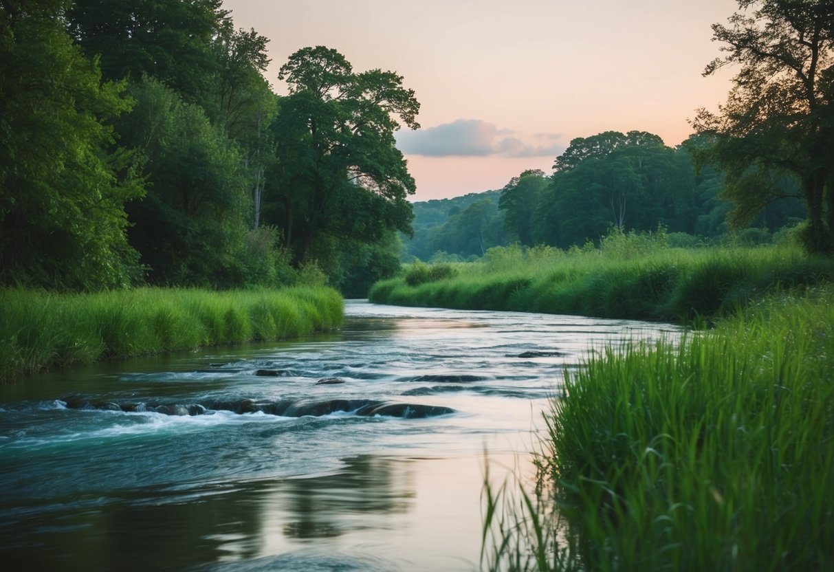 Eine ruhige, friedliche Landschaft mit einem sanft fließenden Fluss und üppigem Grün, die ein Gefühl von innerer Ruhe und Entspannung hervorruft.