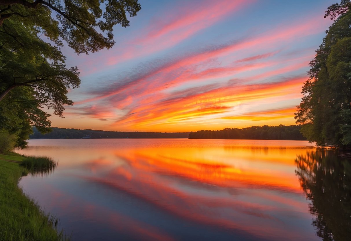 Ein ruhiger Sonnenuntergang über einem stillen See, mit lebhaften Farben, die sich im Wasser spiegeln, umgeben von üppigem Grün und einer friedlichen Atmosphäre.