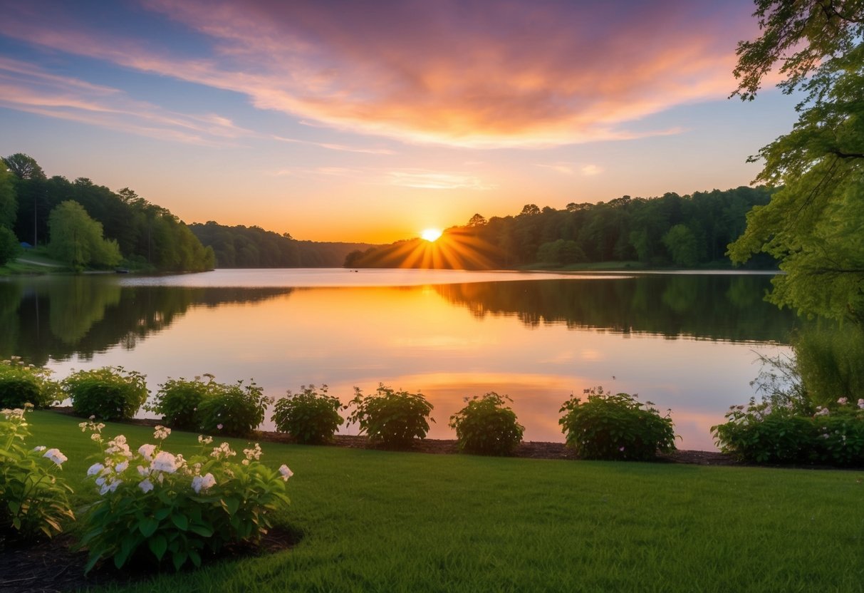 Eine friedliche Landschaft mit einem lebhaften Sonnenuntergang, der ein warmes Licht über einen ruhigen See wirft, der von üppigem Grün und blühenden Blumen umgeben ist.