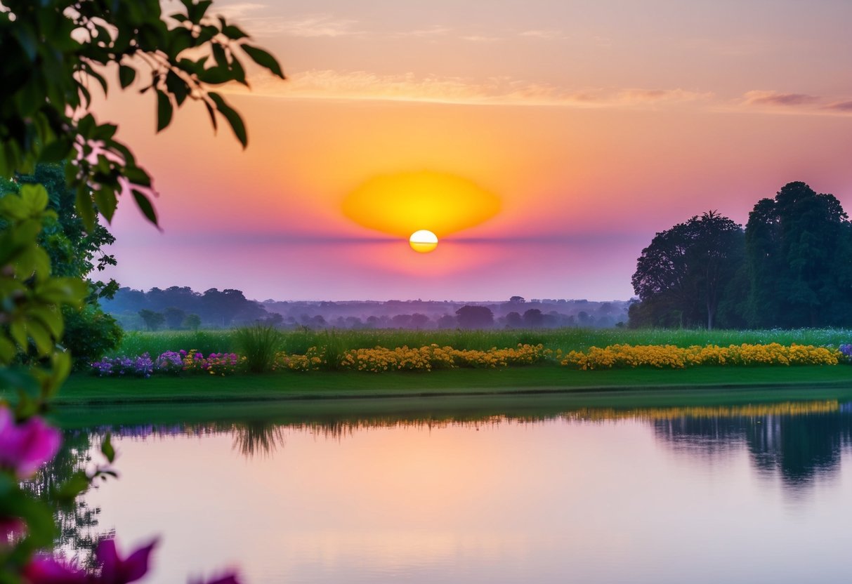 Eine friedliche Landschaft mit einem lebhaften Sonnenaufgang über einem ruhigen Gewässer, umgeben von üppigem Grün und bunten Blumen.