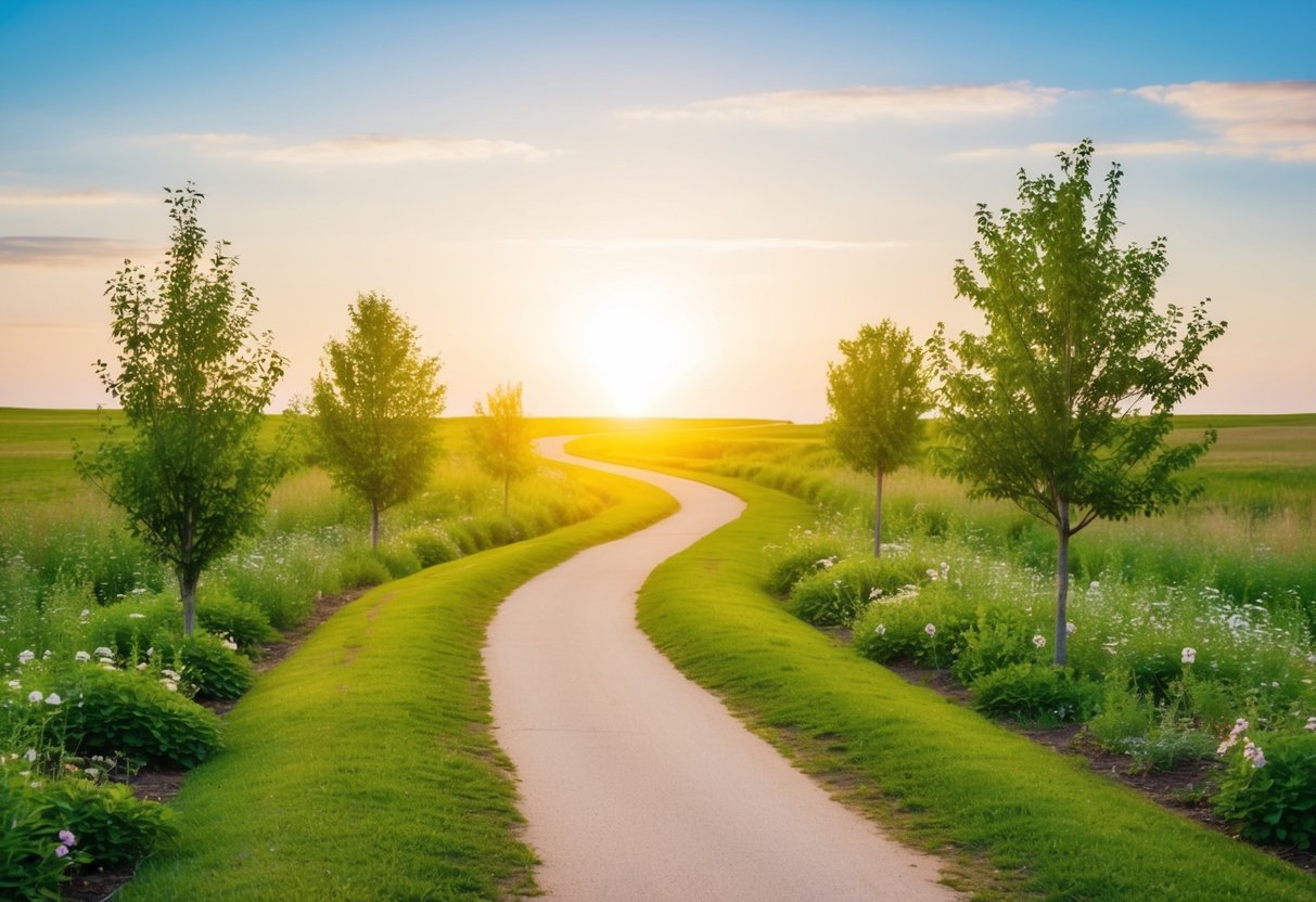 Eine friedliche Landschaft mit einem gewundenen Weg, der zu einem hellen, offenen Horizont führt. Bäume und Blumen säumen den Weg und symbolisieren neue Möglichkeiten und Wachstum.